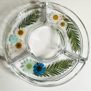 Hand Crafted Floral Glass Divided Trinket Dish Set of 3